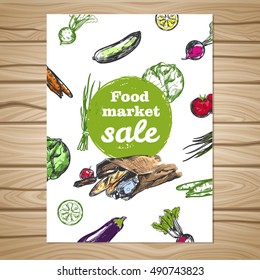 Colored drawn food market sale flyer with vegetable print on wooden background vector illustration