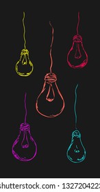 Colored drawn light bulbs on a dark background with a slight neon hint for loft interior, design, advertising, ideas, icons, screensavers. Vector sketch.