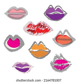 Colored drawn lips  Minimal grunge lip icon  color line mouth symbol  half tone lips illustration  kiss lined print