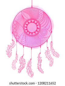 Colored dreamcatcher on white. Hand drawn mystic symbol. Zentangle. Zen art. Design for spiritual relaxation for adults. Vintage and retro style