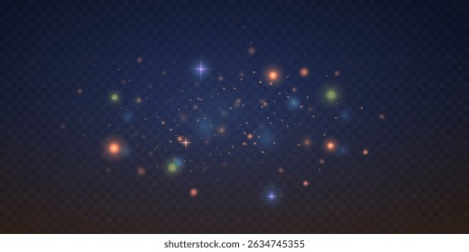 Colored dust. Glowing light sparks. Light effect with glitter particles. Glowing bokeh background. Vector EPS 10.