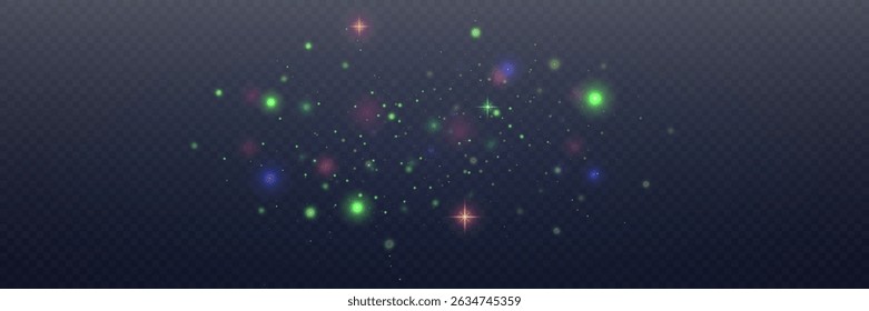 Colored dust. Glowing light sparks. Light effect with glitter particles. Glowing bokeh background. Vector EPS 10.