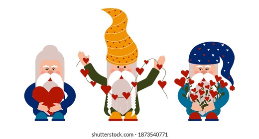 Colored Dwarfs with Hearts are preparing for the Valentine's day. Cute Celebration gift Card. Gnomes are holding Heart, Festive Lights and Bouquet of Hearts. Flat Vector Illustration.