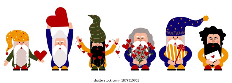 Colored Dwarfs with Hearts are preparing for the Valentine's day. Happy Six Gnomes are preparing for the Celebration. Brightly dressed Gnomes are wearing colored Hats, are holding Gift, Lamps and Hear