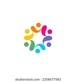 Colored dynamic logo of abstract people group holding hands, versatile abstract colorful logotype, strength of human teamwork and partnership, vibrant society, human community teamwork symbol. Vector