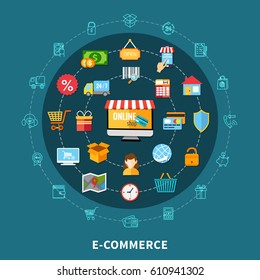 Colored e commerce flat composition with isolated icon set combined in big circle vector illustration