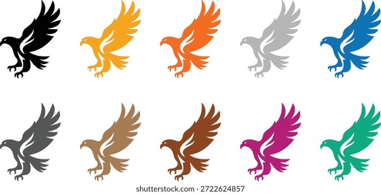 Siluetas de águila de colores en varios tonos, colección de iconos de águila voladora multicolor