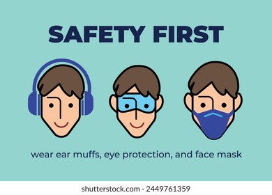 Colored ear muffs, eye protection glasses, and face mask safety required signage icon vector illustration isolated on horizontal background. Simple flat cartoon drawing.