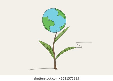 Colored earth shaped flower. World environment day concept one-line drawing
