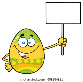 Colored Easter Egg Cartoon Mascot Character Holding A Blank Sign. Vector Illustration Isolated On White Background