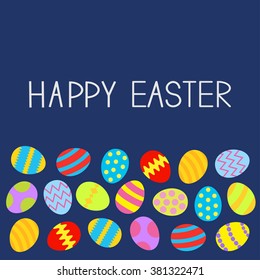 Colored Easter egg set Blue background Flat design Vector Illustration 