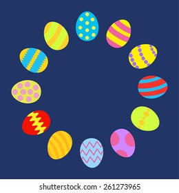 Colored Easter egg set round frame on blue background template Flat design Vector Illustration