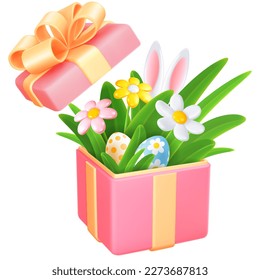 Colored Easter eggs, bunny ears, spring grass, daisy flowers in the open gift box. Trendy conceptual Easter greeting design element. Vector 3d realistic illustration EPS10