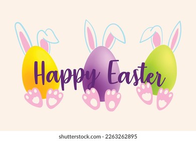 Colored Easter eggs, ears and paws of bunnies on a white background. Easter Egg Hunt and Happy Easter