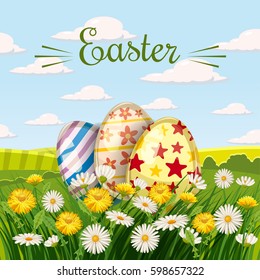 Colored easter eggs in the grass, daisy flowers, dandelions, rural background, cartoon style, vector, illustration