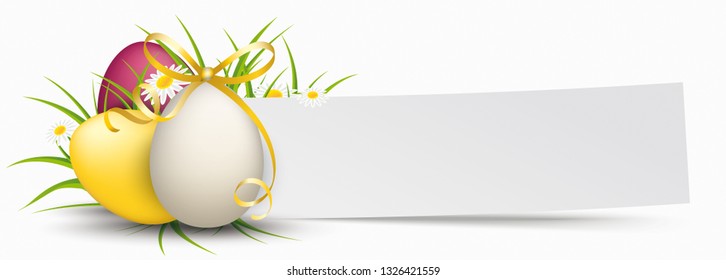 Colored easter eggs with grass, flowers and paper banner.  Eps 10 vector file.