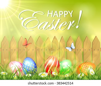 Colored Easter eggs in grass on wooden fence background and flying butterflies, illustration.