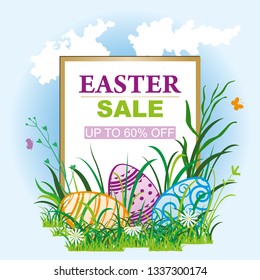 
Colored Easter eggs in the grass. Tablet Easter sale. Easter patterned eggs.