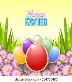 Colored Easter eggs in the morning grass with flowers