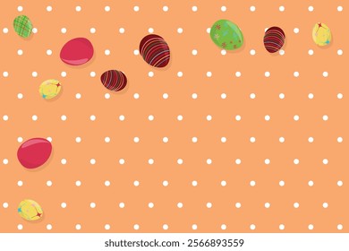 Colored Easter eggs on orange polca dots background Happy Easter Spring holiday concept Greeting card Copy space