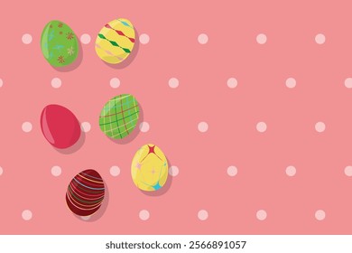 Colored Easter eggs on pink polca dots background Happy Easter Spring holiday concept Greeting card Copy space