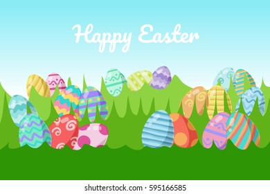 Colored Easter eggs pattern with different style on grass, Vector.