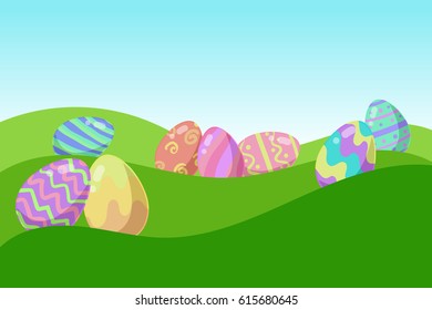 Colored Easter eggs pattern with different style on grass, Vector.