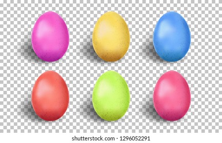 Colored Easter eggs are a realistic vector 3D egg with a textured shell painted with different paint on a transparent background. Festive decoration for posters, cards, sale banners.