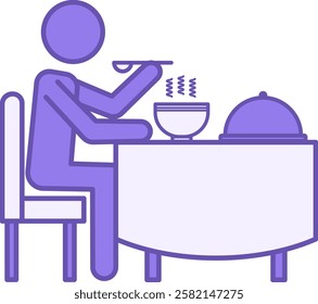 Colored Eating Icon. Vector Icon. Man Eating Hot Soup With Spoon. Customer In Public Catering Establishment. Ready Meal On Table And Man Sitting On Chair. Restaurant Concept