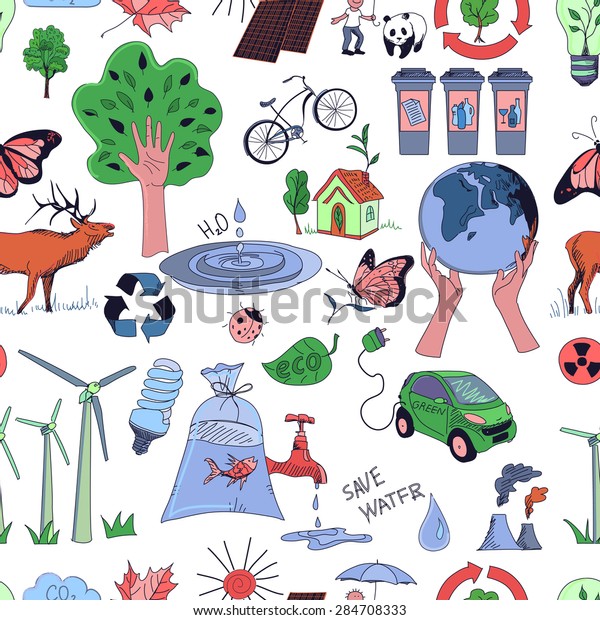 Colored Ecology and recycle doodle pattern,\
excellent vector illustration, EPS\
10