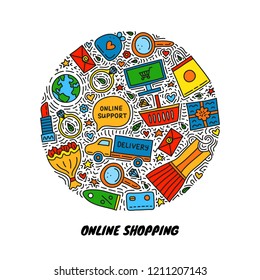 Colored e-commerce shopping doodles with elements composed in circle shape.