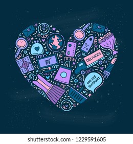 Colored e-commerce shopping doodles with elements composed in heart shape.