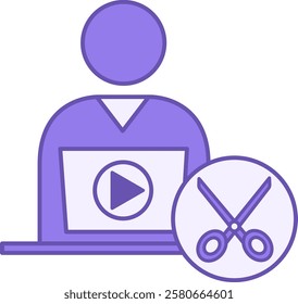 Colored Editor Icon. Vector Icon. Man Sitting at Laptop Working with Text. Content Correction. Scissors and Player Button. Journalism Concept