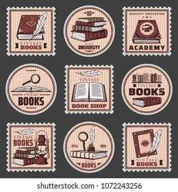 Colored education and bookstore stamps set with different books magnifier feather inkwell lantern in vintage style isolated vector illustration