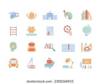 Colored education icons set. Graduation hat, silhouette with idea. College or school campus. Collection of learning and training. Cartoon flat vector illustrations isolated on white background