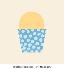 Colored egg in cup vector illustration. Easter symbol card. Yellow painted egg served in blue egg holder decorated with hand painted brush strokes. Happy Easter design. Paschal food icon, poster