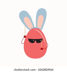 Colored egg tries on points and rabbit ears. Stylish egg prepares for Easter holiday. Holds dark glasses and ears of a rabbit. Cheerful vector picture.