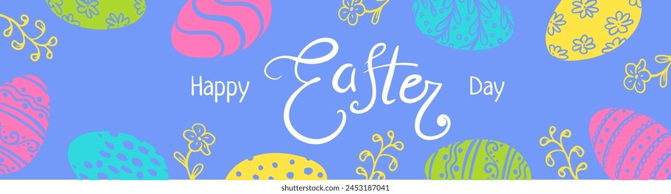 colored eggs around Happy Easter day lettering web banner, background for poster, cover, postcard, banner, Restaurant, cafe menu, holiday decoration, greeting card, web banners, packages