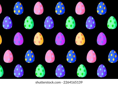 colored eggs black background. Spring decoration. Vector illustration.