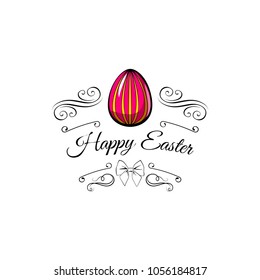 Colored eggs. Easter card. Bow, swirls, filigree elements, flourish frame. Painted eggs. Traditional Easter symbols Vector illustration