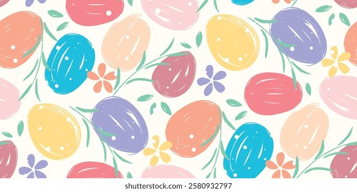 Colored eggs, flowers and herbs seamless pattern. Pastel delicate Easter background. Textured crayon style print for textile, paper, packaging, design. Vector graphics