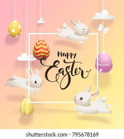 Colored eggs hanging on threads, cute little rabbits jumping around, square border and Happy Easter handwritten wish against yellow and pink background. Holiday vector illustration for greeting card