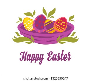 Colored eggs in nest happy Easter isolated icon vector religious Christian holiday symbols spring grass shell with pattern dairy product in birds dwelling greeting and congratulation traditional meal