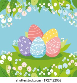 Colored eggs on a meadow. Floral square frame. Festive composition for Easter card, banner, add , invitation and other design. Flat vector illustration.