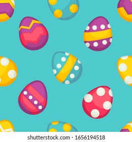 Colored eggs with ornament seamless pattern vector Easter holiday symbol decorated painted shell endless texture traditional religious event food Christianity dairy product festive wallpaper design