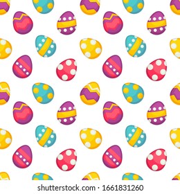 Colored eggs with ornament seamless pattern vector Easter holiday symbol decorated painted shell endless texture traditional religious event food Christianity dairy product festive wallpaper design