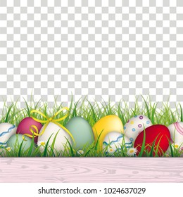 Colored eggs with ribbon in the grass on the checked background. Eps 10 vector file.