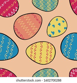 Colored eggs with texture. Vector background for design. Cute easter pattern in textile colors.