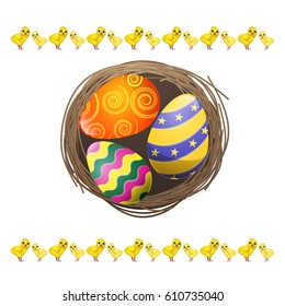 Colored eggs with wavy, curly and stars patterns in bird nest with chickens isolated on white. Traditional symbols of Easter vector illustration. Spring religious holiday bright edible attributes.