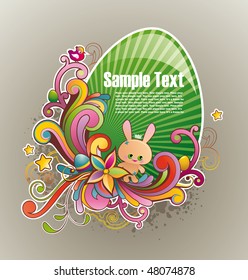 colored egg-shaped frame for text decorated with abstract floral motives with cartoon bunny that looking for eggs